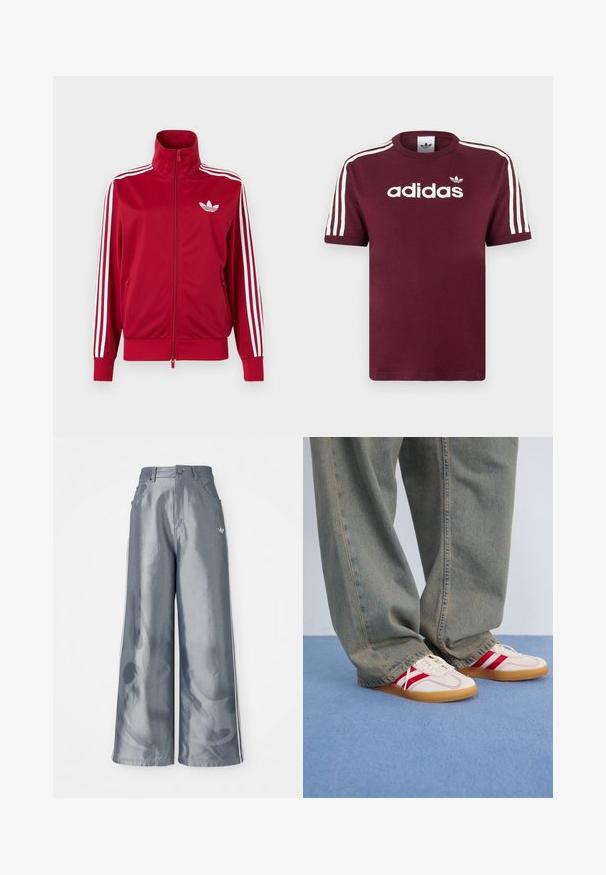 Červená tréningová bunda s bielymi tromi pruhmi na rukávoch, celoprepínací zips vpredu, vysoký golier a biele logo Adidas trefoil na hrudi.; Bordové bavlnené tričko s bielymi pruhovanými rukávmi, na hrudi s bielym logom "adidas" a malým logom nad ním.; Široké nohavice z lesklého šedého materiálu, s bielymi bočnými pruhmi a plamenným vzorom na dolnej časti nohavíc. Zapínanie na gombík a zips v páse.; Biele tenisky s červenými pruhmi, textúrovaný plátený zvršok, zaoblená špička, plochá gumená podrážka, skombinované s voľnými, vyblednutými modrými džínsami.