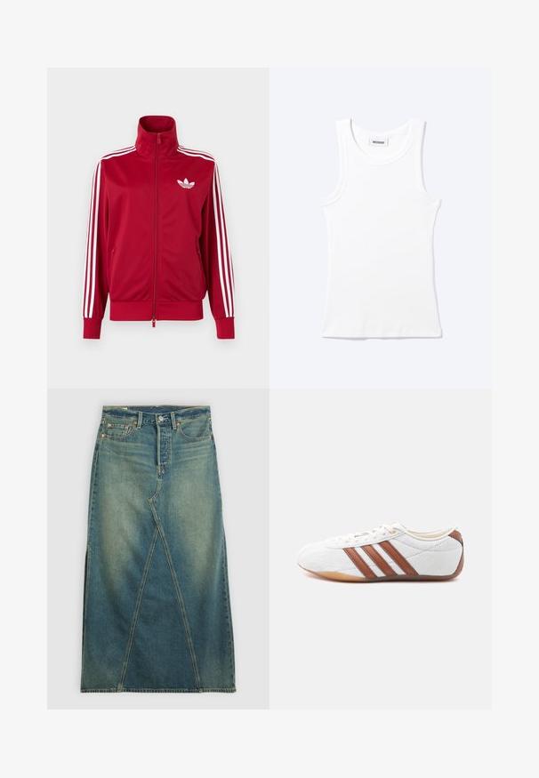 Rød træningstrøje med hvide tre-stribe detaljer på ærmerne, fuld lynlås foran, høj krave og hvidt Adidas trefoil-logo på brystet.; Hvid ærmeløs ribstrikket top med rund halsudskæring og en lille label med teksten "WEEKDAY" indeni kraven.; Denim nederdel med høj talje i mellemblå. Har en markant frontnaht, sideskår og standard fem-lomme design.; Hvid sneaker med lavt snit og brune læderstriber, snørelukning og en sål i gummi, vist fra indersiden på en hvid baggrund.