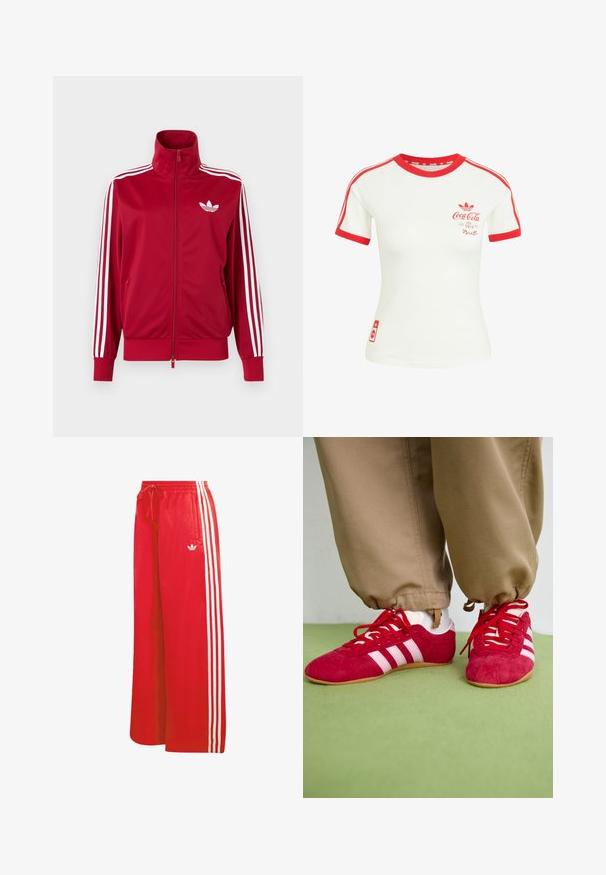Rød træningstrøje med hvide tre-stribe detaljer på ærmerne, fuld lynlås foran, høj krave og hvidt Adidas trefoil-logo på brystet.; Hvid T-shirt med korte ærmer med rød krave, ærmekant, striber og Coca-Cola-logo på brystet og nederste side.; Røde træningsbukser lavet af let materiale, med bred benudformning, elastisk talje, snøre og tre hvide striber på hver side.; Røde ruskind sportssko med hvide striber, flad gummisål og røde snørebånd. Båret med beige bukser, placeret på en grøn overflade.