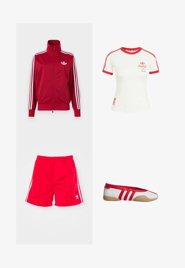 Rød træningstrøje med hvide tre-stribe detaljer på ærmerne, fuld lynlås foran, høj krave og hvidt Adidas trefoil-logo på brystet.; Hvid T-shirt med korte ærmer med rød krave, ærmekant, striber og Coca-Cola-logo på brystet og nederste side.; Røde sports shorts med elastisk talje, der har hvide sideløbninger og et broderet logo nederst til venstre. Glat tekstur.; Rød og hvid flad sko med rund tå, lavet af glat syntetisk materiale. Har tre røde striber og en tanfarvet gummisål.