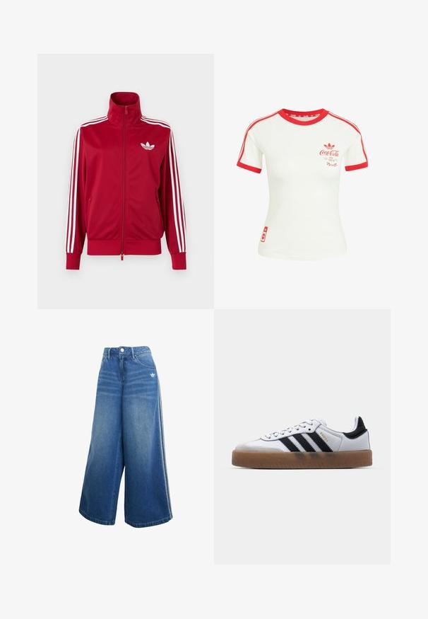 Veste de survêtement rouge avec trois bandes blanches sur les manches, fermeture éclair intégrale à l'avant, col montant et logo trefoil Adidas blanc sur la poitrine.; T-shirt blanc à manches courtes avec col rouge, bordure des manches, rayures et logo Coca-Cola sur la poitrine et le bas.; Jeans en denim à jambes larges de couleur bleu moyen, dotés d'une taille haute, de détails de couture subtils et d'un petit logo blanc à l'avant.; Baskets en cuir blanc avec des rayures noires, semelle extérieure en caoutchouc beige, bout rond, fermeture lacée et embout en suède gris doux.