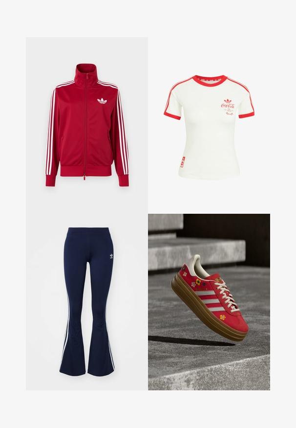 Chaqueta deportiva roja con detalles de tres franjas blancas en las mangas, cremallera completa en el frente, cuello alto y el logo de trébol de Adidas en blanco en el pecho.; Camiseta blanca de manga corta con cuello rojo, ribete en las mangas, rayas y logo de Coca-Cola en el pecho y la parte inferior.; Leggings acampanados de color azul marino, hechos de tela elástica, con franjas laterales blancas y un pequeño logotipo en la parte frontal. Textura suave en toda su superficie.; Zapatilla deportiva roja con bordado floral, rayas blancas y detalles en crema. Presenta una suela gruesa color marrón claro, cordones planos y etiqueta de la marca en la lengüeta.