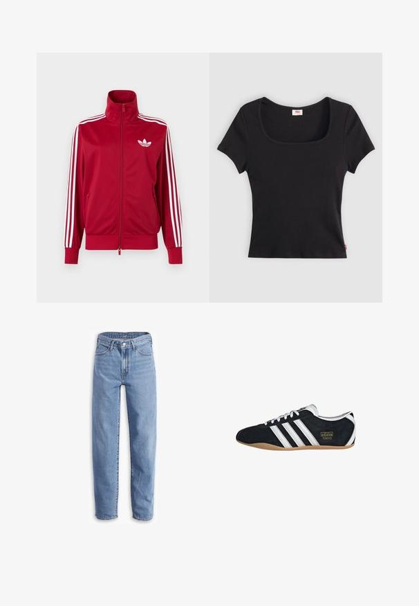 Rød træningstrøje med hvide tre-stribe detaljer på ærmerne, fuld lynlås foran, høj krave og hvidt Adidas trefoil-logo på brystet.; Sort kortærmet top lavet af ribbet stof, med en bred firkantet udkæring og en tætsiddende pasform, udstyret med et lille rødt logo-tag nederst.; Lys blå jeans lavet af denim, med en afslappet pasform, lige ben, fem-lomme design og flagrende kanter for et uformelt look.; Sort ruskinds sneaker med hvide tre striber, guldlogo og en brun gummisål. Har et lavprofil snørebåndsdesign.