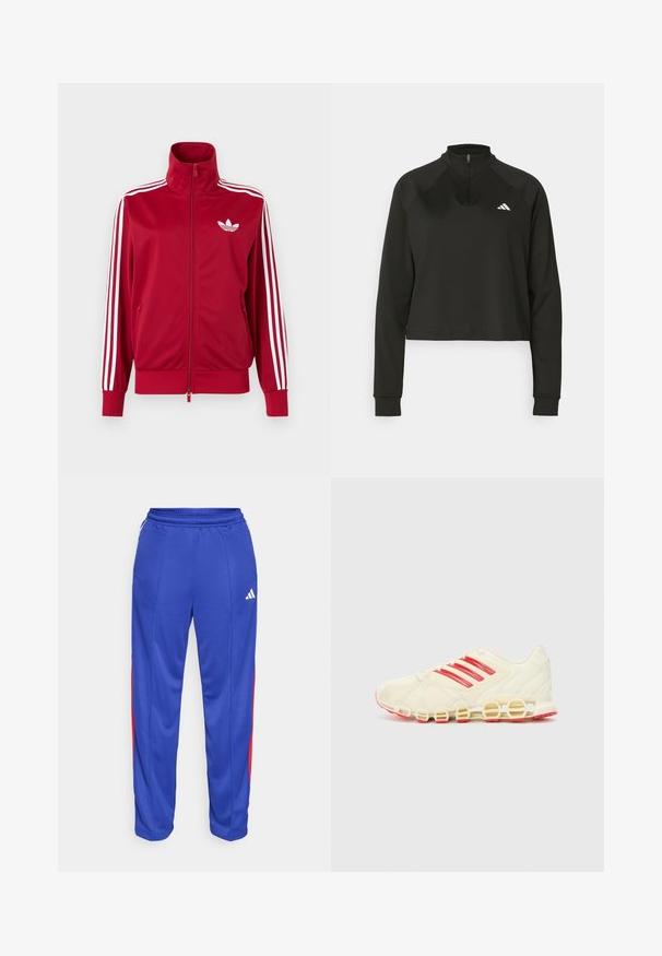 Rode trainingsjas met witte drie-streep details op de mouwen, volledige rits aan de voorkant, hoge kraag en wit Adidas trefoil-logo op de borst.; Zwarte quarter-zip pullover van gladde stof met lange mouwen, voorzien van een hoge kraag en een wit logo op de linkerborst.; Blauwe sportbroek met rode zijstrepen, elastische tailleband en een klein wit logo op de bovenste linkerkant van de broek. Glad, lichtgewicht materiaal.; Sportschoen met een romige witte bovenkant, rode strepen aan de zijkant en een kenmerkende geluschte zool; het mesh-materiaal zorgt voor ademend vermogen.