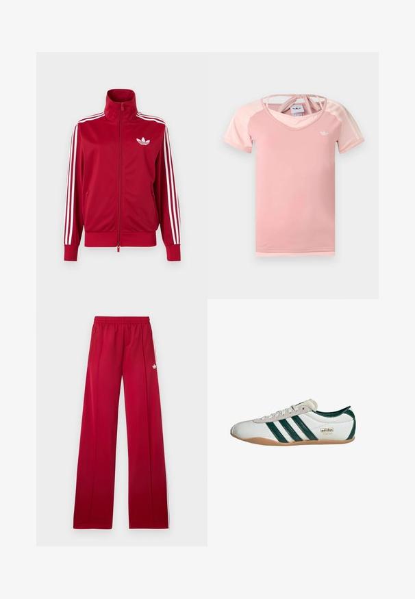 Punainen urheilutakki valkoisilla kolmen raidan yksityiskohdilla hihoissa, koko etuosan vetoketju, korkea kaulus ja valkoinen Adidas-trefoil-logo rinnassa.; Vaaleanpunainen lyhythihainen urheilupaita, jossa tummemman vaaleanpunaiset olkapäät, valkoinen Adidas-logo rinnassa ja ristikkäiset hihnat takakauluksella.; Punaiset leveälahkeiset verkkarit, joissa on joustava vyötärönauha, sivuilla vetoketjulliset taskut, valkoiset raidat sivuilla ja pieni valkoinen logo vasemmassa reidessä.; Valkoiset tennarit, joissa on vihreät raidat, mokkanahkaa ja synteettistä päällystä, kuminen pohja, pyöreä kärki ja "adidas TOKYO" -logotieto.