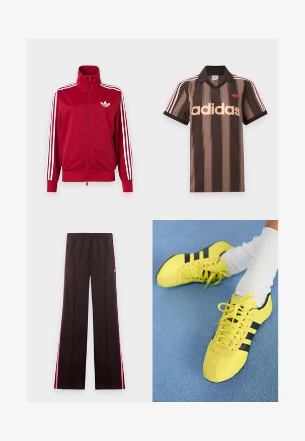 Punane jope valgete kolme triibuga varrukatel, täis ees lukk, kõrge krae ja valge Adidas trefoili logo rinnal.; Pruunide triipudega Adidas polotee, V-kaelusega, bordeau krae ja punase logoga. Omad valge ja punase triibuga õlad ning lühikesed varrukad.; Mustad spordipüksid roosade küljeribadega, elastse vöökohaga, lukuga taskud ja Adidas logo vasakul reiel.; Kirkad kollased spordijalatsid mustade triipude ja nööridega; omavad tekstuurset pealisosa ja sametist detaile. Seljas valged ribadega sokid.