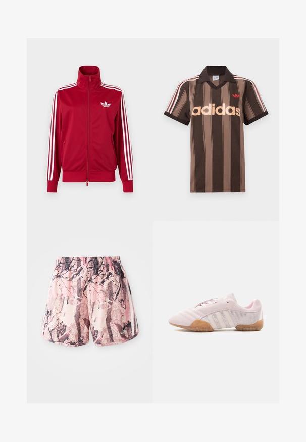 Punainen urheilutakki valkoisilla kolmen raidan yksityiskohdilla hihoissa, koko etuosan vetoketju, korkea kaulus ja valkoinen Adidas-trefoil-logo rinnassa.; Ruskearaidallinen Adidas-pikeepaita, jossa on V-aukko, viininpunainen kaulus ja punainen logo. Paidassa on valkoiset ja punaiset olkapääraidat sekä lyhyet hihat.; Vaaleanpunaiset ja ruskeat kuviolliset shortsit, joissa on joustava vyötärö ja sivu raidat, sekä graafinen suunnittelu, joka muistuttaa lehvistöä ja oksia.; Vaaleanpunainen mokkanahkainen lenkkari valkoisilla raidoilla, kumipohjalla ja teksturoiduilla sivupaneeleilla, esitetty sisäpuolelta valkoisella taustalla.