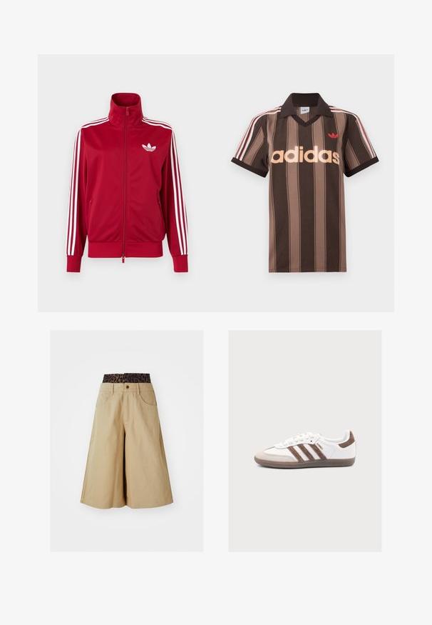 Punane jope valgete kolme triibuga varrukatel, täis ees lukk, kõrge krae ja valge Adidas trefoili logo rinnal.; Pruunide triipudega Adidas polotee, V-kaelusega, bordeau krae ja punase logoga. Omad valge ja punase triibuga õlad ning lühikesed varrukad.; Khaki lühikesed püksid laia jala designiga ja leopardimustriga vöökoht. Omab eespoolt taskuid ja nööbid. Sujuv, tekstureeritud kangas.; adidas Originals SAMBA - Tossud - white/earth strata/gum