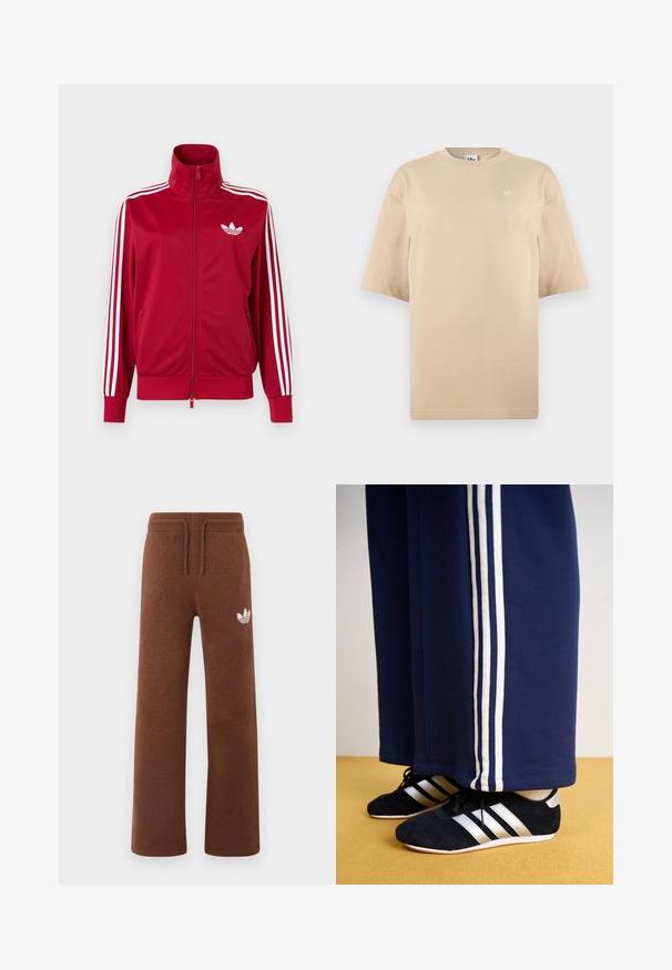 Červená tréningová bunda s bielymi tromi pruhmi na rukávoch, celoprepínací zips vpredu, vysoký golier a biele logo Adidas trefoil na hrudi.; Béžové oversized tričko s krátkym rukávom, okrúhlym výstrihom a malým bielym logom Adidas trefoil na hornej ľavej strane hrudníka.; Hnedé teplákové nohavice z mäkkého materiálu s uvoľneným strihom, s elastickým pásom, šnúrkou na stiahnutie a bielym logom na ľavom stehne.; Námornícke tepláky s tromi bielymi vertikálnymi pruhmi a čiernymi atletickými topánkami so striebornými pruhmi a textúrovaným povrchom. Žltá podlaha.