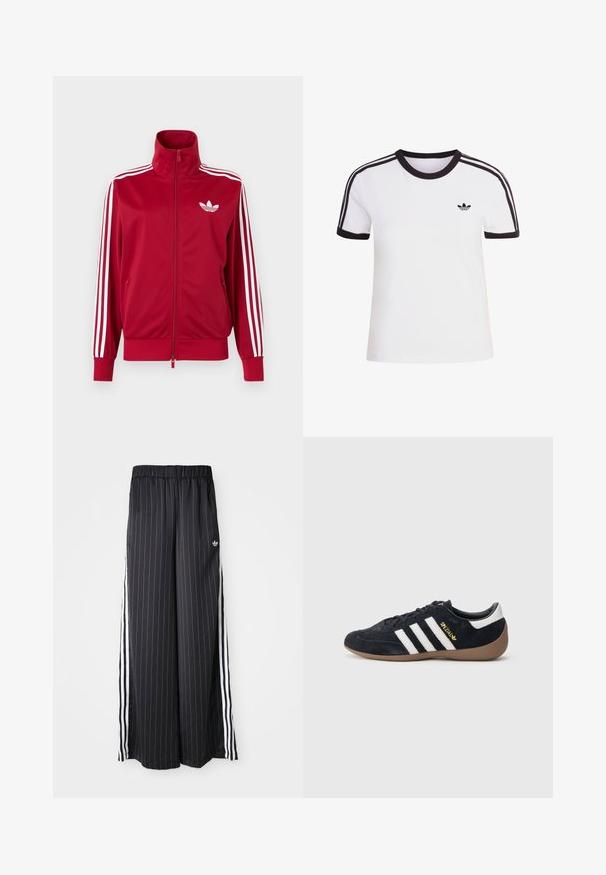 Chaqueta deportiva roja con detalles de tres franjas blancas en las mangas, cremallera completa en el frente, cuello alto y el logo de trébol de Adidas en blanco en el pecho.; Camiseta blanca de manga corta con detalles en negro, con cuello redondo y tres rayas negras en cada hombro. Pequeño logo negro en el pecho.; Pantalones negros de pierna ancha con rayas blancas verticales, cinturilla elástica y tres rayas blancas a lo largo del lado. Logo de Adidas en la parte frontal.; Zapatilla de ante negra con tres rayas blancas, suela de goma y un pequeño logo dorado en el lateral. Cuenta con un forro interior negro liso.