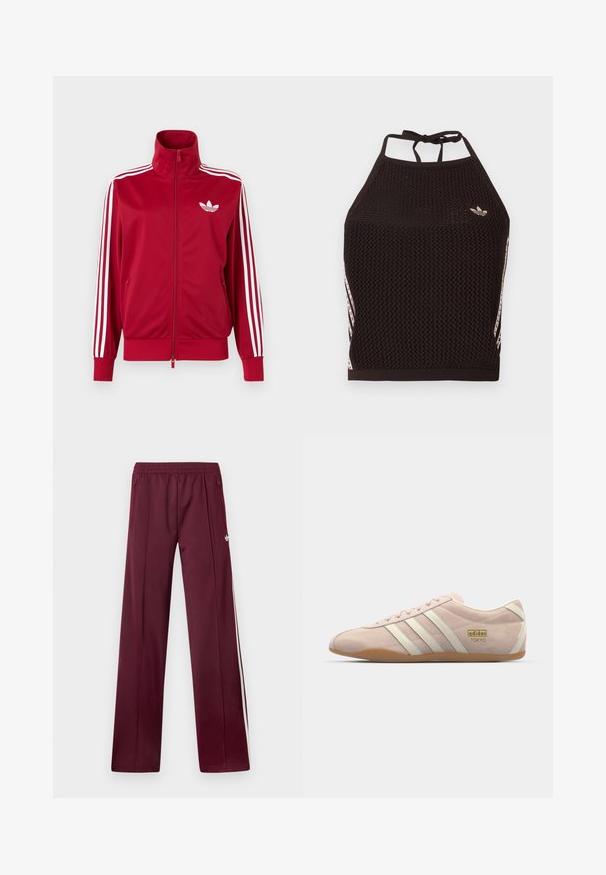 Červená tréningová bunda s bielymi tromi pruhmi na rukávoch, celoprepínací zips vpredu, vysoký golier a biele logo Adidas trefoil na hrudi.; Čierny sieťovaný crop top so štruktúrovaným dizajnom. Má ružové akcentové pruhy a malú logo na prednej strane. Zaviazanie na chrbte.; Vínové teplákové nohavice s elastickým pásom, bočnými vreckami na zips, bielymi bočnými pruhmi a malým bielym logom Adidas na pravej stehne.; adidas Originals TOKYO - Tenisky - quartz/off white