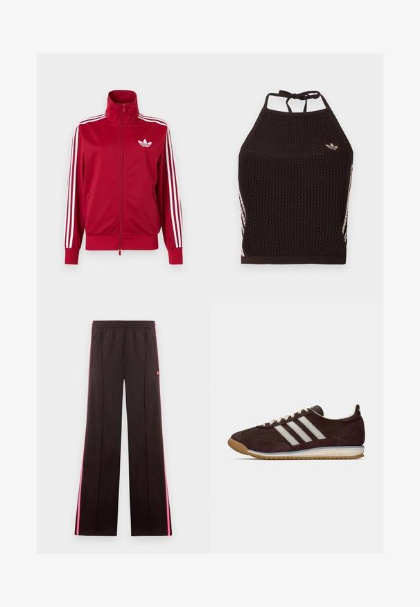 Rote Trainingsjacke mit weißen Drei-Streifen-Details an den Ärmeln, durchgehendem Frontreißverschluss, hohem Kragen und weißem Adidas-Trefoil-Logo auf der Brust.; Schwarzes Netz-Halfter-Cropped-Top mit strukturiertem Design. Mit pinkfarbenen Akzentstreifen und kleinem Logo vorne. Mit Rückenknotenverschluss.; Schwarze Sporthose mit pinken Seitenstreifen, elastischem Bund, Reißverschlusstaschen und Adidas-Logo am linken Oberschenkel.; Niedrig profilierter dunkelburgunderfarbener Adidas Sneaker mit weißen Streifen, cremfarbenen Schnürsenkeln und Gummisohle, seitliche Ansicht vor einfarbigem Hintergrund.