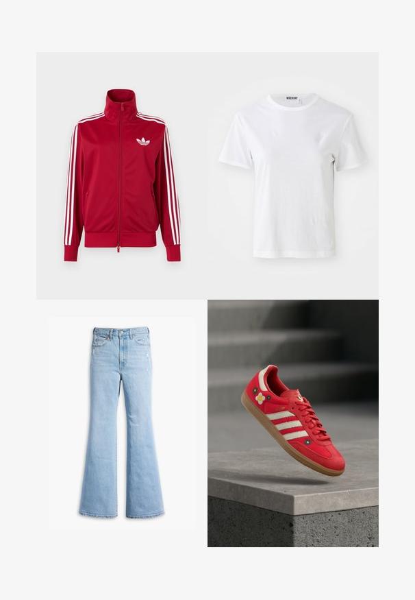 Chaqueta deportiva roja con detalles de tres franjas blancas en las mangas, cremallera completa en el frente, cuello alto y el logo de trébol de Adidas en blanco en el pecho.; Camiseta blanca de manga corta hecha de una tela suave. Cuenta con un escote redondo y un corte recto, con una etiqueta en el cuello interior.; Jeans de mezclilla de corte acampanado en azul claro, con cintura alta, un ligero desvanecimiento, detalles desgastados y diseño estándar de cinco bolsillos.; Zapatilla deportiva roja con rayas blancas, bordado floral y suela de goma. Tela lisa con detalles de ante. Modelo: Samba.