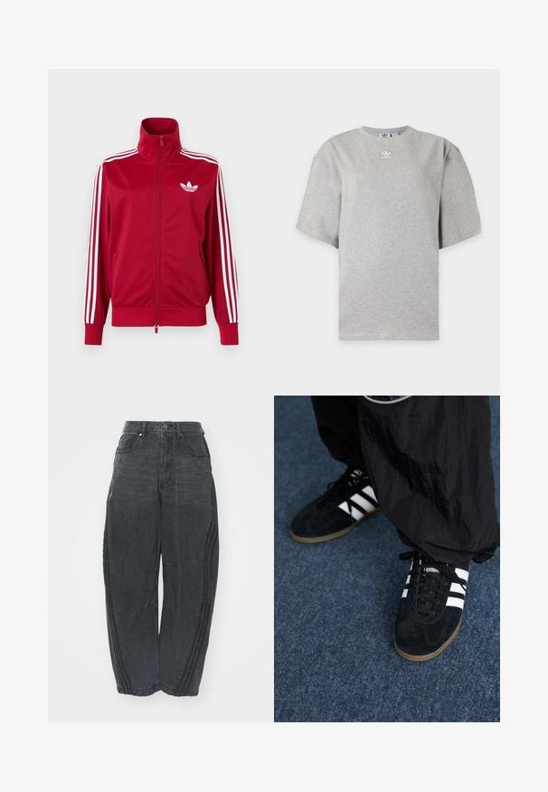 Rote Trainingsjacke mit weißen Drei-Streifen-Details an den Ärmeln, durchgehendem Frontreißverschluss, hohem Kragen und weißem Adidas-Trefoil-Logo auf der Brust.; Hellgraues Adidas T-Shirt mit kurzen Ärmeln, Rundhalsausschnitt und kleinem weißen Adidas-Logo auf der Brust, auf schlichtem Hintergrund dargestellt.; Lockere schwarze Denim-Jeans mit einem verblassten Finish, fünf Taschen, einem Knopfverschluss an der Taille und gestickten Details an der Vorderseite und den Seiten.; Schwarze Wildleder-Sportschuhe mit drei weißen Streifen und schwarzen Schnürsenkeln. Eine strukturierte schwarze Hose ist teilweise neben den Schuhen sichtbar.