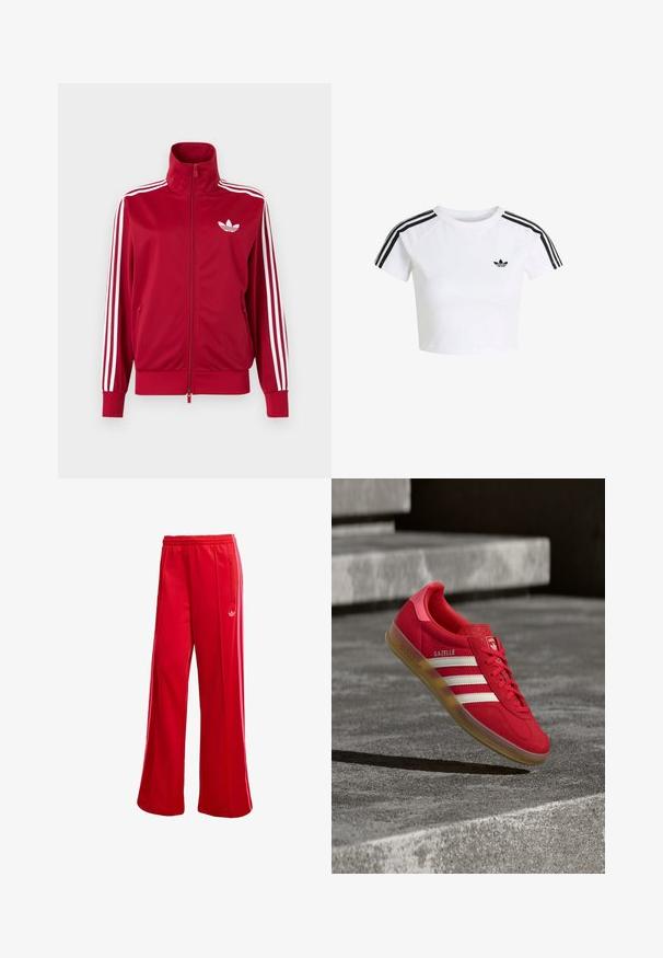 Rød træningstrøje med hvide tre-stribe detaljer på ærmerne, fuld lynlås foran, høj krave og hvidt Adidas trefoil-logo på brystet.; Hvid crop top t-shirt med sort Adidas trefoil-logo på brystet og tre sorte striber langs skuldrene og ærmerne.; Røde atletiske bukser med brede ben, elastisk talje og sidelomme med lynlås. Har et lille hvidt logo på venstre side. Glat tekstur.; Rød ruskinds-sneaker med hvide striber, flad gummisål og tekstureret hæl. Har "Gazelle"-mærkning på siden og rundet tådesign.