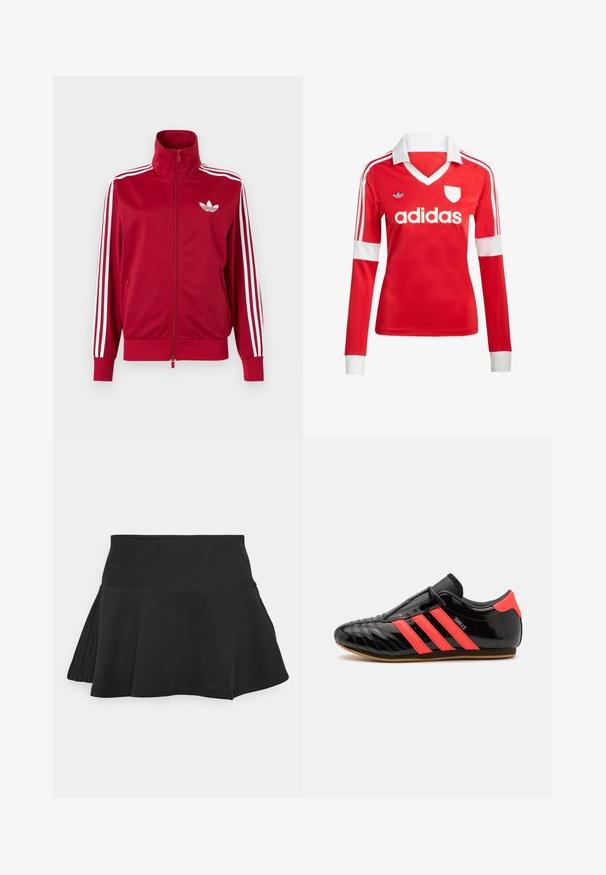 Červená tréningová bunda s bielymi tromi pruhmi na rukávoch, celoprepínací zips vpredu, vysoký golier a biele logo Adidas trefoil na hrudi.; Červený futbalový dres s dlhým rukávom a bielym golierom a manžetami. Na ramenách sú tri biele pruhy a výrazne zobrazené logo "adidas".; adidas Sportswear SKIRT - Športová sukňa - black; Čierne športové topánky s tromi horizontálnymi ružovými pruhmi, štýlový dizajn, hladký vrchný materiál z lesklej kože, gumová podrážka, textúrované švy.