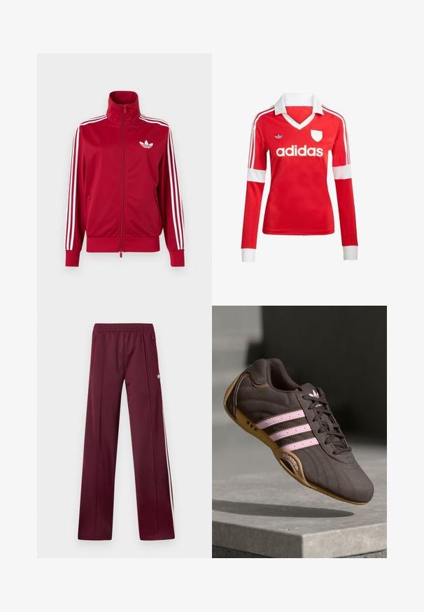 Červená tréningová bunda s bielymi tromi pruhmi na rukávoch, celoprepínací zips vpredu, vysoký golier a biele logo Adidas trefoil na hrudi.; Červený futbalový dres s dlhým rukávom a bielym golierom a manžetami. Na ramenách sú tri biele pruhy a výrazne zobrazené logo "adidas".; Vínové teplákové nohavice s elastickým pásom, bočnými vreckami na zips, bielymi bočnými pruhmi a malým bielym logom Adidas na pravej stehne.; Hnedé semišové športové topánky s ružovými pruhmi a logom, s textúrovaným vrchom, šnurovaním a gumovou podrážkou.