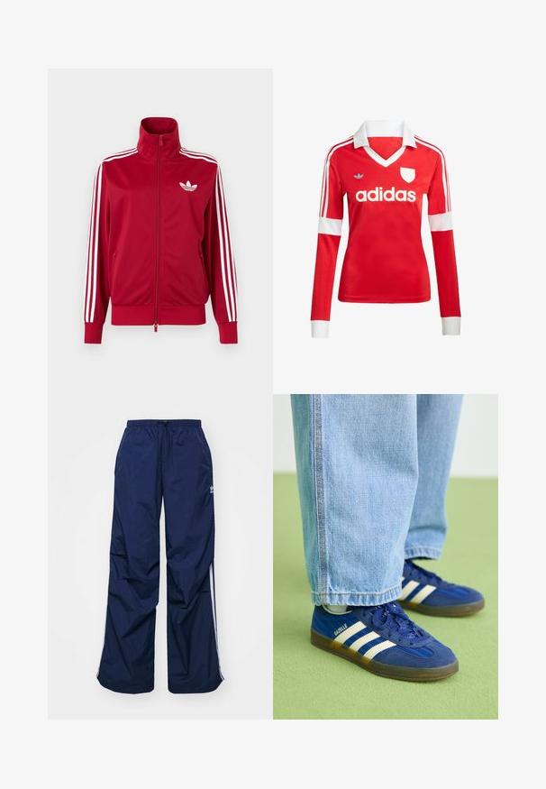 Rød træningstrøje med hvide tre-stribe detaljer på ærmerne, fuld lynlås foran, høj krave og hvidt Adidas trefoil-logo på brystet.; Rød langærmet fodboldtrøje med hvid krave og manchetter. Har tre hvide striber på skuldrene og "adidas" logoet fremtrædende vist.; Marineblå, letvægtsbukser med elastik i taljen og snøre, med hvide sidelister og et lille logo foran. Løs pasform.; Blå ruskindsneakers med hvide striber og teksturerede mønstre, båret med lyseblå denimbukser, sat mod en grøn baggrund.
