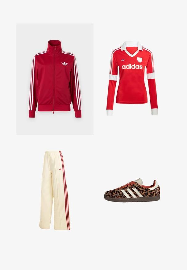 Rode trainingsjas met witte drie-streep details op de mouwen, volledige rits aan de voorkant, hoge kraag en wit Adidas trefoil-logo op de borst.; Rode lange mouwen voetbalshirt met een witte kraag en manchetten. Heeft drie witte strepen op de schouders en het "adidas" logo prominent weergegeven.; Crèmekleurige wijde trainingsbroek met rode zijstrepen, elastische tailleband, ritssluitingzak en rood Adidas-logo op de dij.; Leopardprint sneakers van suède met rode veters en drie witte strepen aan de zijkant. Bevat een crèmekleurige tong en een bruine zool.