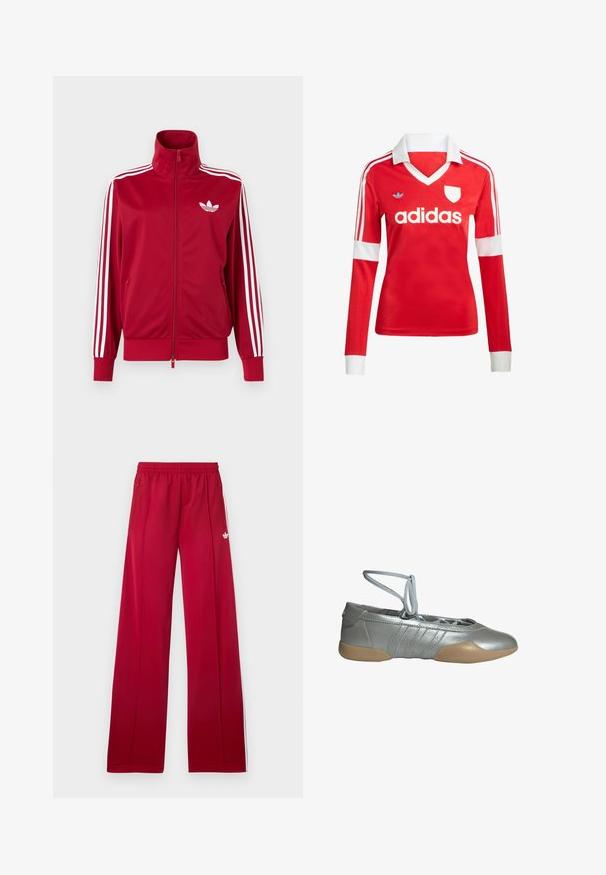 Červená tréningová bunda s bielymi tromi pruhmi na rukávoch, celoprepínací zips vpredu, vysoký golier a biele logo Adidas trefoil na hrudi.; Červený futbalový dres s dlhým rukávom a bielym golierom a manžetami. Na ramenách sú tri biele pruhy a výrazne zobrazené logo "adidas".; Červené široké teplákové nohavice s elastickým pásom, bočnými zipsovými vreckami, bielymi pruhmi po stranách a malým bielym logom na ľavom stehne.; Strieborná baletná balerína s béžovou gumovou podrážkou a viazaním okolo členka, navrhnutá pre ľahké pohodlie a pružné prispôsobenie.