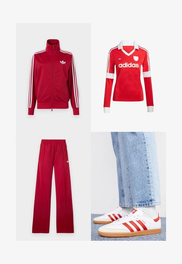 Rote Trainingsjacke mit weißen Drei-Streifen-Details an den Ärmeln, durchgehendem Frontreißverschluss, hohem Kragen und weißem Adidas-Trefoil-Logo auf der Brust.; Rotes Fußballtrikot mit langen Ärmeln, weißem Kragen und weißen Ärmelbündchen. Es hat drei weiße Streifen auf den Schultern und das "adidas"-Logo ist auffällig platziert.; Rote weite Jogginghosen mit elastischem Bund, seitlichen Reißverschlusstaschen, weißen Streifen an den Seiten und kleinem weißem Logo am linken Oberschenkel.; Weiße Leder Sneaker mit roten Streifen und Akzenten. Verfügt über eine strukturierte Gummi-Laufsohle und einen gepolsterten Schaft. Tragen mit hellblauer Jeans.