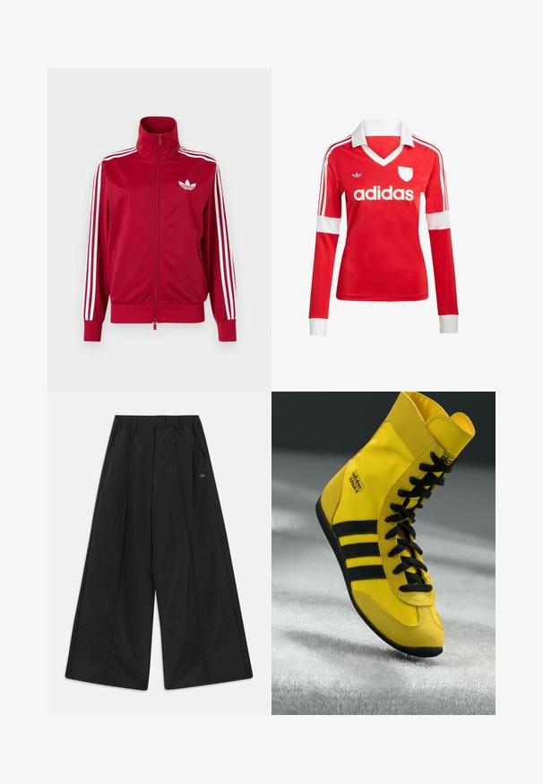 Červená tréningová bunda s bielymi tromi pruhmi na rukávoch, celoprepínací zips vpredu, vysoký golier a biele logo Adidas trefoil na hrudi.; Červený futbalový dres s dlhým rukávom a bielym golierom a manžetami. Na ramenách sú tri biele pruhy a výrazne zobrazené logo "adidas".; Čierne nohavice s širokými nohavicami, bočnými vreckami, pútkami na opasok, prednými záhybmi a malým logom Adidas na pravej strane.; Vysoké tenisky vyrobené zo žltého syntetického materiálu, so zosilnenými čiernymi šnúrkami, tromi čiernymi pruhmi a logom na boku. Kvalitná gumová podrážka.