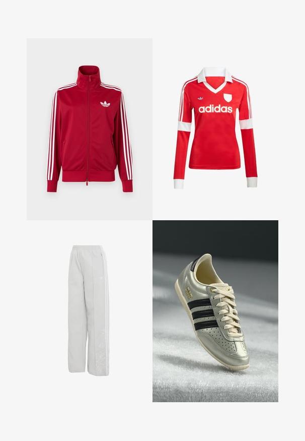 Červená tréningová bunda s bielymi tromi pruhmi na rukávoch, celoprepínací zips vpredu, vysoký golier a biele logo Adidas trefoil na hrudi.; Červený futbalový dres s dlhým rukávom a bielym golierom a manžetami. Na ramenách sú tri biele pruhy a výrazne zobrazené logo "adidas".; Svetlosivé široké teplákové nohavice Adidas s elastickým pásom, bielymi tromi pruhmi na stranách, vrecko na zips a jemnou kvetinovou výšivkou na ľavej nohe.; Svetlo šedé kožené tenisky s čiernymi pruhmi, perforovanými detailmi, béžovými šnúrkami a zlatou nášivkou. Textúrovaná gumová podrážka.