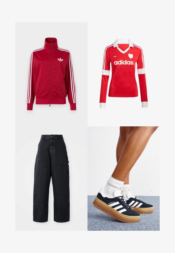 Piros melegítőfelső fehér háromcsíkos részletezéssel az ujjakon, teljes elülső cipzárral, magas gallérral és fehér Adidas trefoil logóval a mellkason.; Piros, hosszú ujjú focimez fehér gallérral és mandzsettákkal. A vállakon három fehér csík található, valamint az "adidas" logó jól láthatóan szerepel.; Fekete, bő szárú, magas derekú farmernadrág, két nagy elülső zsebbel és gombos derékzárral. Simas textúra, hétköznapi dizájn.; Lábak fehér zokniban, fekete Adidas Gazelle sportcipőben, fehér csíkokkal és vastag barna talppal, szürke szőnyegpadlón.
