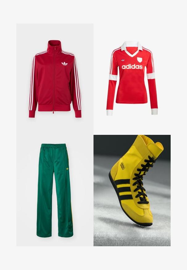 Červená tréningová bunda s bielymi tromi pruhmi na rukávoch, celoprepínací zips vpredu, vysoký golier a biele logo Adidas trefoil na hrudi.; Červený futbalový dres s dlhým rukávom a bielym golierom a manžetami. Na ramenách sú tri biele pruhy a výrazne zobrazené logo "adidas".; Zelené saténové športové nohavice s voľným strihom, s žltými pruhmi a vyšitým logom na ľavej strane. Elastický pás.; Vysoké tenisky vyrobené zo žltého syntetického materiálu, so zosilnenými čiernymi šnúrkami, tromi čiernymi pruhmi a logom na boku. Kvalitná gumová podrážka.