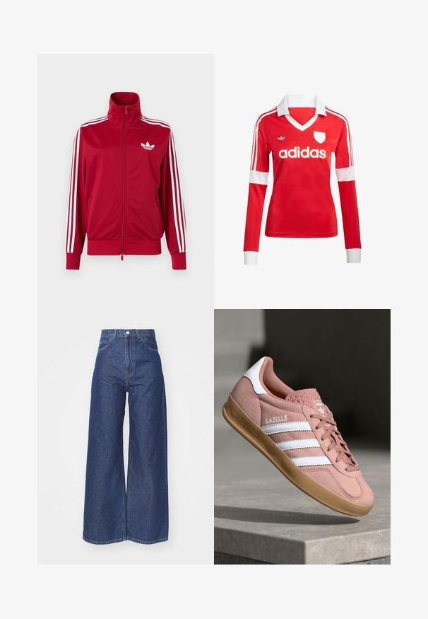 Rød træningstrøje med hvide tre-stribe detaljer på ærmerne, fuld lynlås foran, høj krave og hvidt Adidas trefoil-logo på brystet.; Rød langærmet fodboldtrøje med hvid krave og manchetter. Har tre hvide striber på skuldrene og "adidas" logoet fremtrædende vist.; Bredde ben jeans lavet af mørkeblå denim. Høj talje med lynlås og knaplukning. Har klassisk fem-lomme stil og omfoldede kanter.; Rosa ruskinds sneaker med hvide striber, gummisål, tekstureret overdel og logo på tungen. Klassisk low-top design.