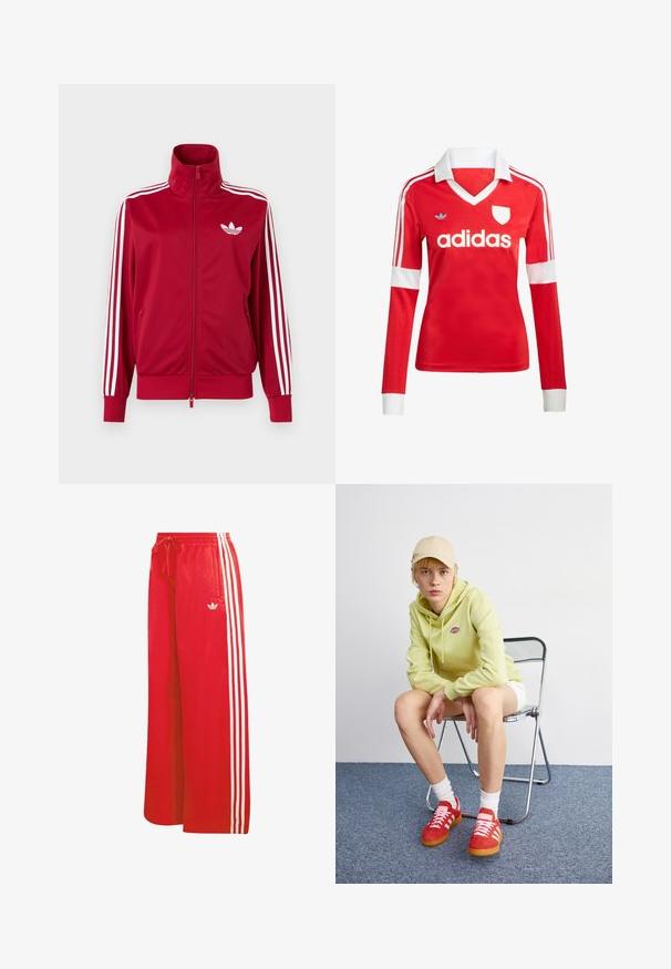 Punane jope valgete kolme triibuga varrukatel, täis ees lukk, kõrge krae ja valge Adidas trefoili logo rinnal.; Punane pikade varrukatega jalgpallipluus valge krae ja varrukateotstega. Omab kolme valget triipu õlgadel ja väljapaistvat "adidas" logo.; Punased spordipüksid, mis on valmistatud kergest materjalist, laiade sääreosadega, elastse vöökohaga, nööriga ja kolme valge triibuga kummalgi küljel.; Hele roheline kapuutsiga särgiga, valged lühikesed püksid, punased tossud valgete triipudega, istub kroomitud kokkuklapitaval toolil neutraalse tausta ees.
