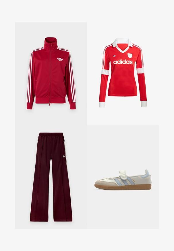 Červená tréningová bunda s bielymi tromi pruhmi na rukávoch, celoprepínací zips vpredu, vysoký golier a biele logo Adidas trefoil na hrudi.; Červený futbalový dres s dlhým rukávom a bielym golierom a manžetami. Na ramenách sú tri biele pruhy a výrazne zobrazené logo "adidas".; Bordo športové nohavice s voľným strihom, vyrobené z hladkého materiálu, s dvomi bočnými vreckami a bielymi kontrastnými prúžkami po stranách.; adidas Originals SAMBA JANE BALLERINA - Balerínky s remienkom okolo členku - cloud white/halo blue