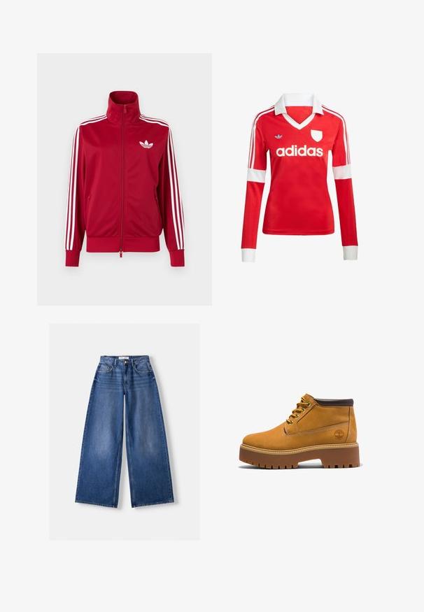 Červená tréningová bunda s bielymi tromi pruhmi na rukávoch, celoprepínací zips vpredu, vysoký golier a biele logo Adidas trefoil na hrudi.; Červený futbalový dres s dlhým rukávom a bielym golierom a manžetami. Na ramenách sú tri biele pruhy a výrazne zobrazené logo "adidas".; Modré riflové nohavice so širokými nohavicami, prednými vreckami, pútkami na opasok a zapínaním na gombíky, položené na svetlom pozadí.; Hnedé kožené členkové boots s okrúhlou špičkou, hnedými akcentmi, hrubou platformou a kontrastnými žltými šnúrkami. Obsahuje logo na boku.