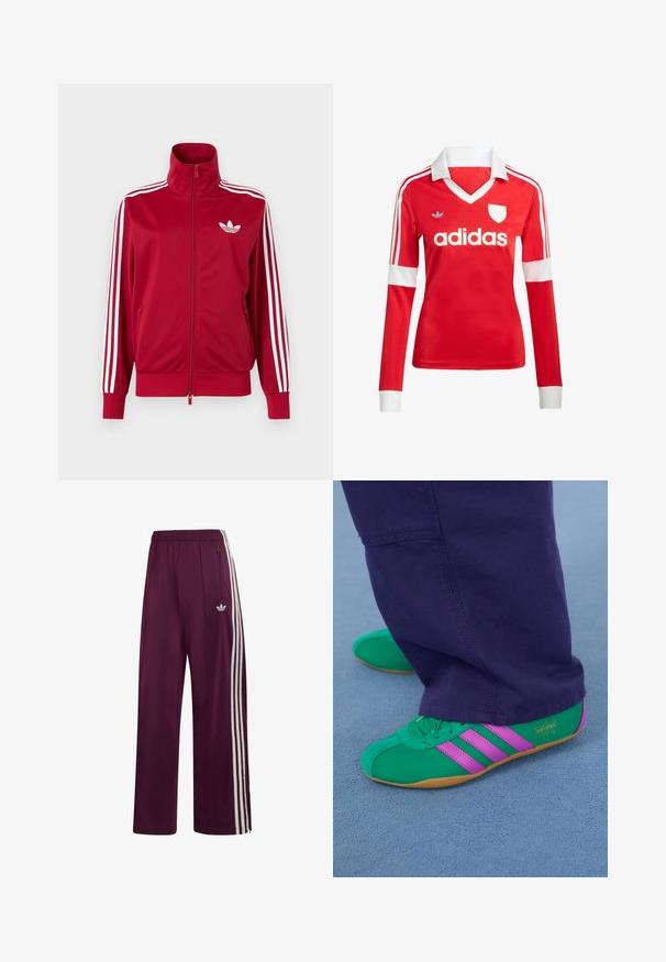 Punane jope valgete kolme triibuga varrukatel, täis ees lukk, kõrge krae ja valge Adidas trefoili logo rinnal.; Punane pikade varrukatega jalgpallipluus valge krae ja varrukateotstega. Omab kolme valget triipu õlgadel ja väljapaistvat "adidas" logo.; Väikesed oranzid Adidas dressipüksid, millel on elastne vöökoht, kolm valget küljeriba, lukuga tasku ja vasakul reiel tikitud logo.; Rohelised ja lillad sametist spordijalatsid kolme triibuga kaunistatud ning kummist tallaga, kombineerituna lillade pükstega pehmest sinisest pinnast.