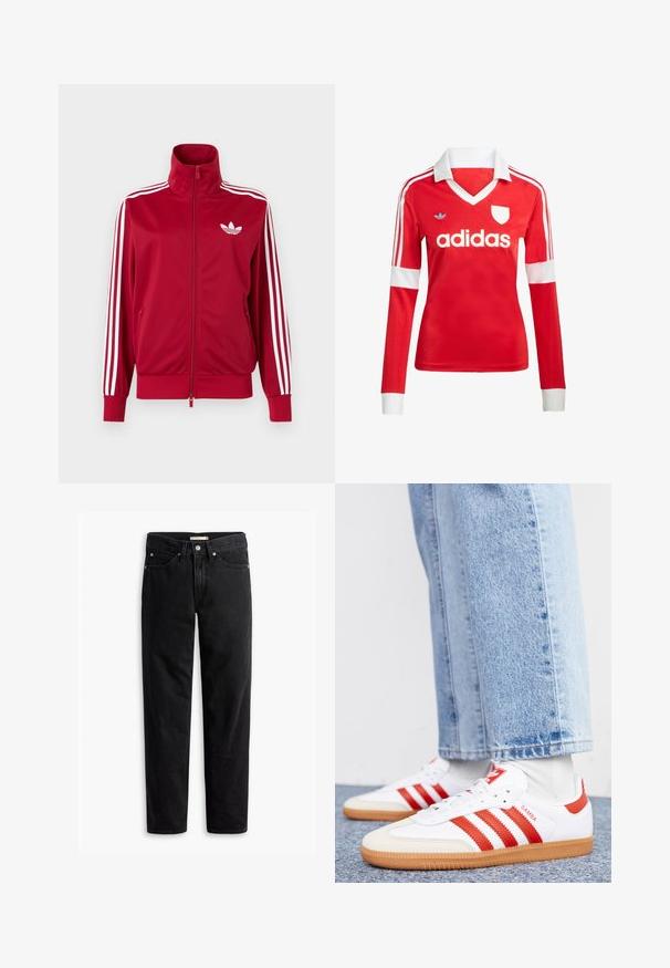 Rød træningstrøje med hvide tre-stribe detaljer på ærmerne, fuld lynlås foran, høj krave og hvidt Adidas trefoil-logo på brystet.; Rød langærmet fodboldtrøje med hvid krave og manchetter. Har tre hvide striber på skuldrene og "adidas" logoet fremtrædende vist.; Sorte straight-leg jeans med knap- og lynlåslukning, bæltestropper samt for- og baglommer, vist fladt på hvid baggrund.; Hvide lædersneakers med røde striber og accenter. Har en tekstureret gummisål og polstret krave. Bæres med lyseblå denim.