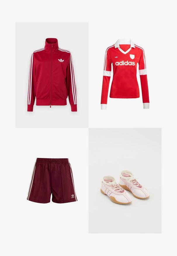Rode trainingsjas met witte drie-streep details op de mouwen, volledige rits aan de voorkant, hoge kraag en wit Adidas trefoil-logo op de borst.; Rode lange mouwen voetbalshirt met een witte kraag en manchetten. Heeft drie witte strepen op de schouders en het "adidas" logo prominent weergegeven.; Bordeauxkleurige sportshorts met een elastische tailleband, drie witte strepen aan elke kant en een klein wit Adidas-logo aan de onderkant links.; Roze canvas schoenen met een zachte textuur, voorzien van een vetersluiting en een ondergrond van gumrubber. Decoratieve accenten en drie strepen aan de zijkant.