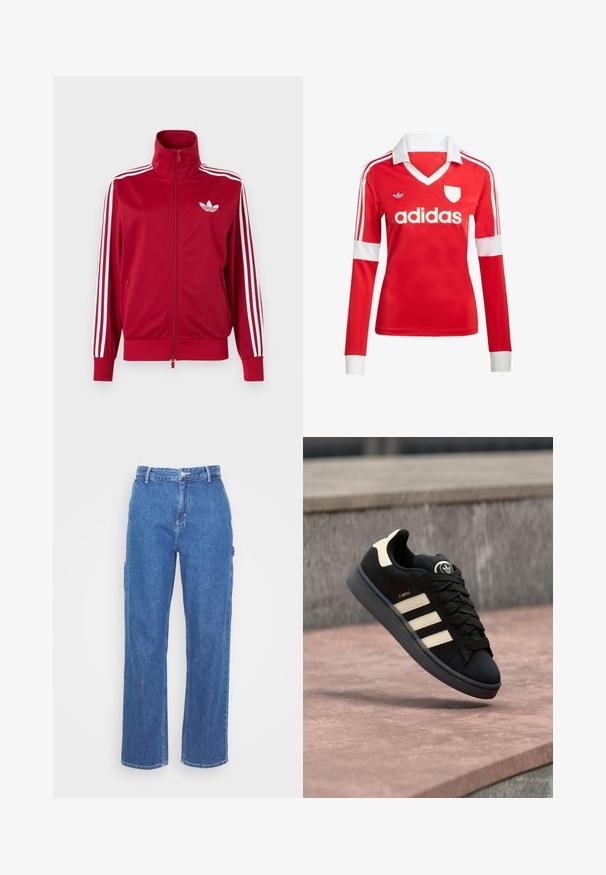 Rød træningstrøje med hvide tre-stribe detaljer på ærmerne, fuld lynlås foran, høj krave og hvidt Adidas trefoil-logo på brystet.; Rød langærmet fodboldtrøje med hvid krave og manchetter. Har tre hvide striber på skuldrene og "adidas" logoet fremtrædende vist.; Blå denim bukser med høj talje og lige ben, der har en frontknaplukning og sidelommer. Glat tekstur uden synlige mønstre.; Sort ruskindsneakers med tre beige striber, rundt logo på tungen, flade snørebånd og en polstret sål, mærket "CAMPUS."