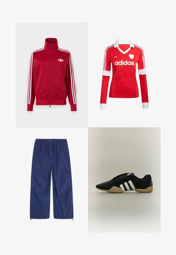 Veste de survêtement rouge avec trois bandes blanches sur les manches, fermeture éclair intégrale à l'avant, col montant et logo trefoil Adidas blanc sur la poitrine.; Maillot de football à manches longues rouge avec un col et des poignets blancs. Présente trois rayures blanches sur les épaules et le logo "adidas" affiché en évidence.; Pantalon bleu marine à jambes larges avec taille élastique, cordon de serrage, poches latérales et cordons ajustables aux ourlets des chevilles.; Chaussure de sport noire avec des bandes blanches et une semelle beige texturée sur un fond neutre, vue de profil.