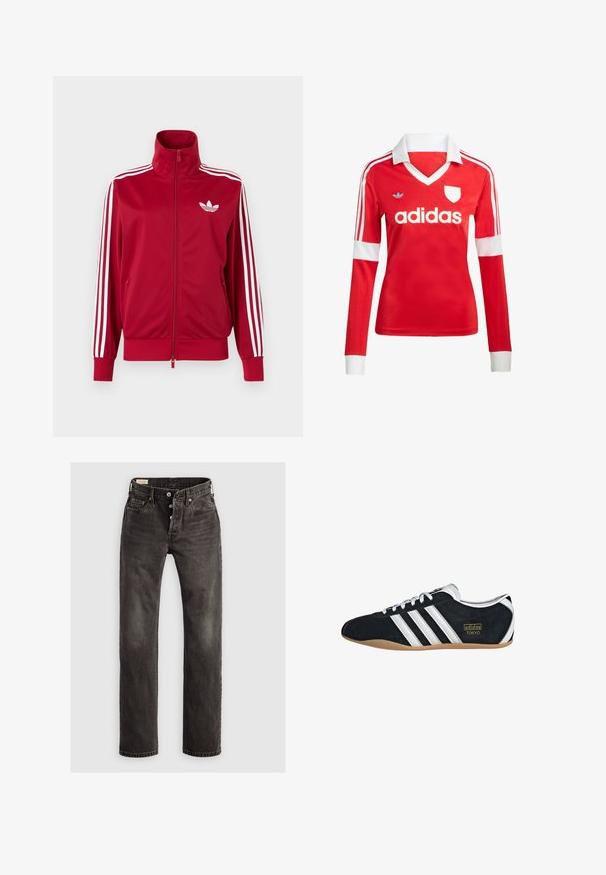 Červená tréningová bunda s bielymi tromi pruhmi na rukávoch, celoprepínací zips vpredu, vysoký golier a biele logo Adidas trefoil na hrudi.; Červený futbalový dres s dlhým rukávom a bielym golierom a manžetami. Na ramenách sú tri biele pruhy a výrazne zobrazené logo "adidas".; Tmavošedé rovné džínsy vyrobené z denimu, s gombíkovým zapínaním, dizajnom s piatimi vreckami a jemným vyblednutím na látke.; Čierne semišové tenisky s bielymi tromi pruhmi, zlatým logom a hnedou gumovou podrážkou. Disponujú nízkym šnurovacím dizajnom.