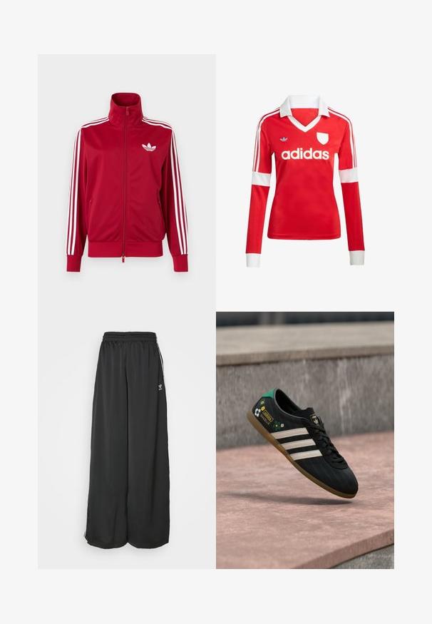 Punane jope valgete kolme triibuga varrukatel, täis ees lukk, kõrge krae ja valge Adidas trefoili logo rinnal.; Punane pikade varrukatega jalgpallipluus valge krae ja varrukateotstega. Omab kolme valget triipu õlgadel ja väljapaistvat "adidas" logo.; Mustad, vabalt langevad spordipüksid, mis on valmistatud siledast kangast. Omab elastset vöökoht ja külgedel triibusid koos logo aktsentidega.; Mustad spordijalatsid valgete triipudega, mustriga pealmine osa, lillemotiividega ja rohelise kandosaga. Kummist tallaga, mis tagab hea haarduvuse.