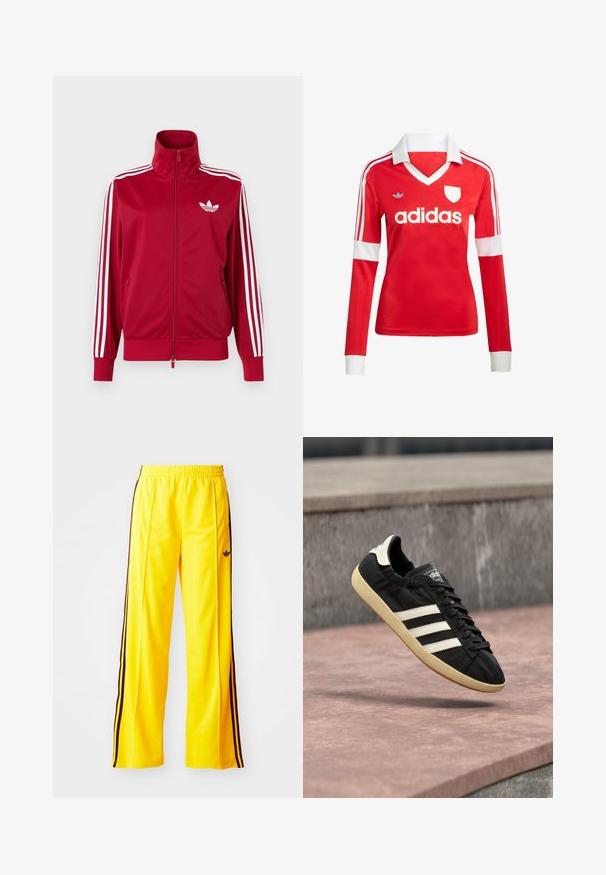Veste de survêtement rouge avec trois bandes blanches sur les manches, fermeture éclair intégrale à l'avant, col montant et logo trefoil Adidas blanc sur la poitrine.; Maillot de football à manches longues rouge avec un col et des poignets blancs. Présente trois rayures blanches sur les épaules et le logo "adidas" affiché en évidence.; Pantalons de sport jaunes avec des rayures noires sur les côtés et une taille élastique. Fabriqué en matériau lisse et léger. Présente un logo sur la cuisse.; Baskets Adidas noires avec des bandes blanches et une semelle beige, capturées en plein air au-dessus d'une surface en pierre et d'un mur en pierre en arrière-plan.