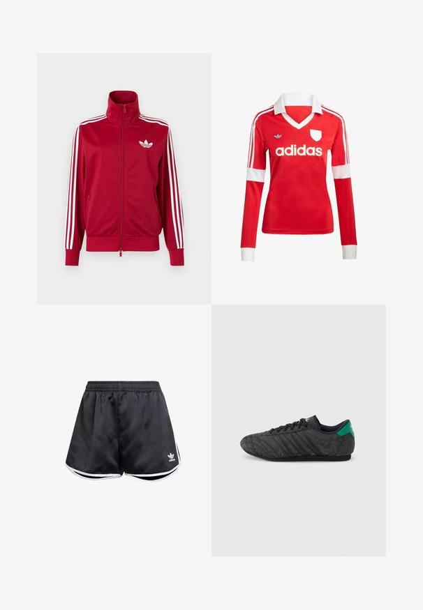 Rote Trainingsjacke mit weißen Drei-Streifen-Details an den Ärmeln, durchgehendem Frontreißverschluss, hohem Kragen und weißem Adidas-Trefoil-Logo auf der Brust.; Rotes Fußballtrikot mit langen Ärmeln, weißem Kragen und weißen Ärmelbündchen. Es hat drei weiße Streifen auf den Schultern und das "adidas"-Logo ist auffällig platziert.; Schwarze Sportshorts aus glattem synthetischem Material, mit weißen seitlichen Akzenten und einem gestickten Logo unten links.; Schwarzer Sneaker mit niedrigem Profil und dezentem Blumenmuster, schwarzen Schnürsenkeln, grünem Fersenband und goldenem Logo auf Zunge und Ferse.