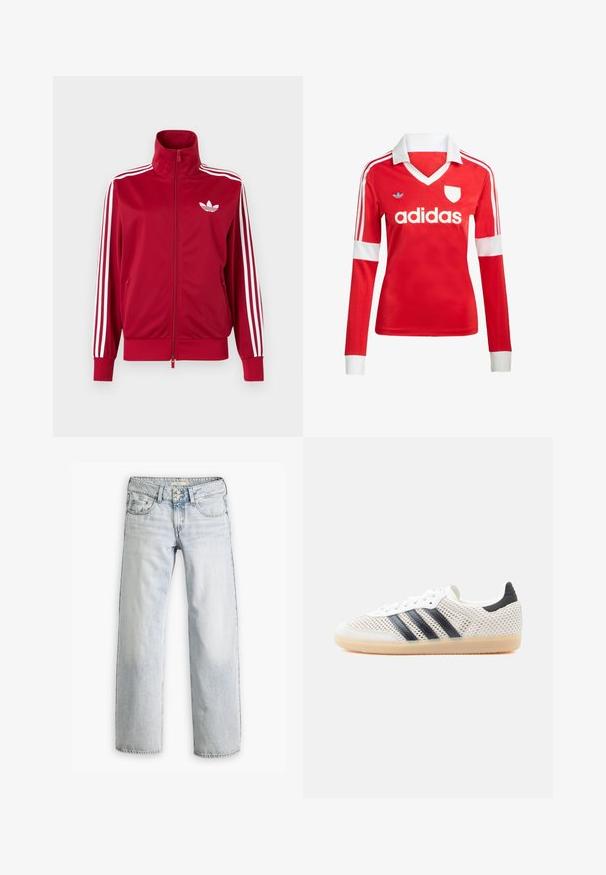 Rote Trainingsjacke mit weißen Drei-Streifen-Details an den Ärmeln, durchgehendem Frontreißverschluss, hohem Kragen und weißem Adidas-Trefoil-Logo auf der Brust.; Rotes Fußballtrikot mit langen Ärmeln, weißem Kragen und weißen Ärmelbündchen. Es hat drei weiße Streifen auf den Schultern und das "adidas"-Logo ist auffällig platziert.; Hellblaue Denim-Jeans mit lockerer Passform, hoher Taille und fünf Taschen. Mit Stitching-Akzenten und einem Knopfverschluss.; Weiße Mesh-Sneaker mit schwarzem Drei-Streifen-Design, abgerundeter Spitze und Gummisohle. Verfügen über einen weichen Fersenkragen und Schnürverschluss.