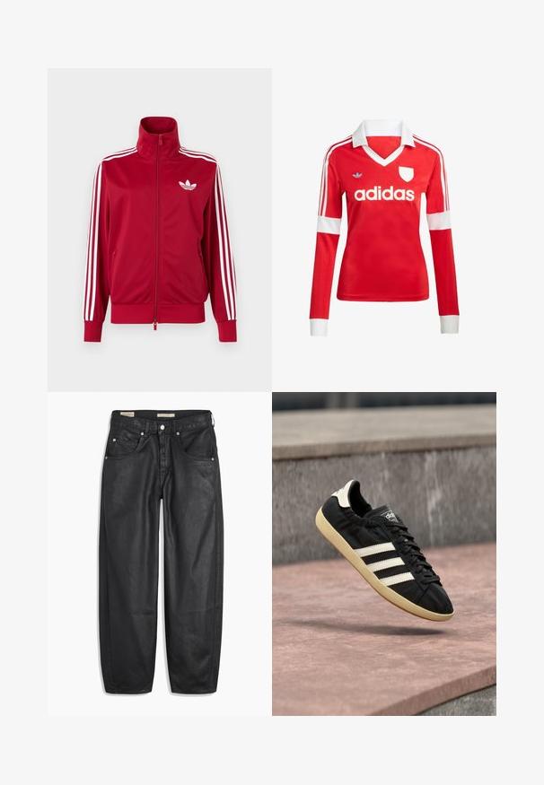 Červená tréningová bunda s bielymi tromi pruhmi na rukávoch, celoprepínací zips vpredu, vysoký golier a biele logo Adidas trefoil na hrudi.; Červený futbalový dres s dlhým rukávom a bielym golierom a manžetami. Na ramenách sú tri biele pruhy a výrazne zobrazené logo "adidas".; Čierne denimové džínsy so širokým strihom, obsahujúce predné vrecká, zapínanie na gombík a hladkú textúru. Tkanina vyzerá robustne.; Čierna teniska Adidas s bielymi pruhmi a béžovou podrážkou, zachytená vo vzduchu nad kamenným povrchom a kamennou stenou v pozadí.