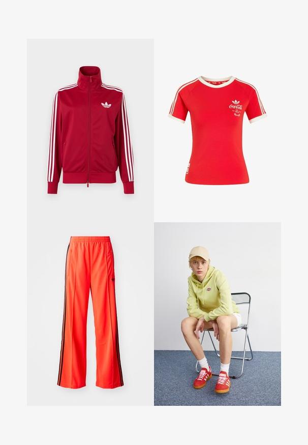 Rød træningstrøje med hvide tre-stribe detaljer på ærmerne, fuld lynlås foran, høj krave og hvidt Adidas trefoil-logo på brystet.; Rød Adidas T-shirt med korte ærmer, hvide striber på ærmerne, hvid krave og Coca-Cola-logo med teksten "Ice Cold" på brystet.; Lyse orange atletiske bukser med et bredt ben-design, har sorte sidelagner og en elastisk talje. Inkluderer en lynlåslomme.; Lysegrøn hættetrøje med logo, hvide shorts, røde sneakers med hvide striber, siddende på en krom foldebænk mod en neutral baggrund.