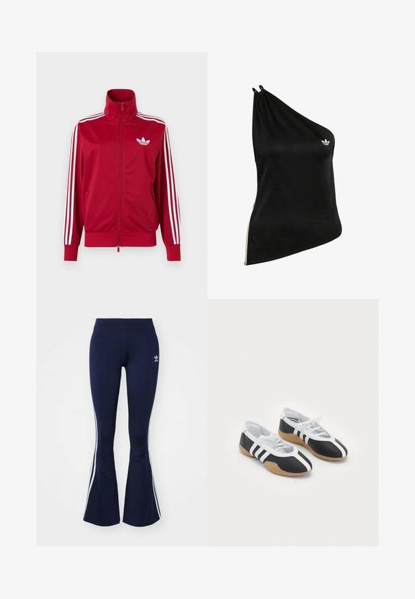 Veste de survêtement rouge avec trois bandes blanches sur les manches, fermeture éclair intégrale à l'avant, col montant et logo trefoil Adidas blanc sur la poitrine.; Haut noir à une épaule en tissu doux et lisse, avec un motif géométrique subtil et un petit logo blanc sur la poitrine.; Leggings évasés bleu marine en tissu extensible, dotés de rayures blanches sur les côtés et d'un petit logo à l'avant. Texture lisse sur l'ensemble.; Baskets de sport noir et blanc au design élégant, semelle en caoutchouc, fermeture à lacets et trois rayures blanches sur les côtés.