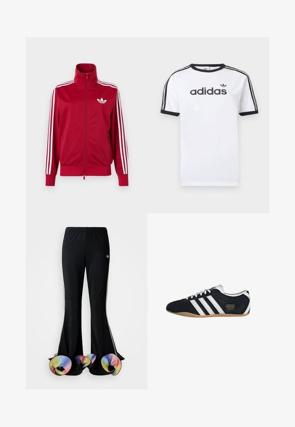 Rote Trainingsjacke mit weißen Drei-Streifen-Details an den Ärmeln, durchgehendem Frontreißverschluss, hohem Kragen und weißem Adidas-Trefoil-Logo auf der Brust.; Weißes Baumwoll-T-Shirt mit schwarzen Akzenten, verfügt über einen Rundhalsausschnitt, kurze Ärmel, drei schwarze Streifen auf den Schultern und das "adidas"-Logo in Schwarz.; Schwarze Sporthosen mit weit ausgestelltem Design. Sie haben farbenfrohe, gerüschte untere Säume und weiße Seitenstreifen. Hergestellt aus dehnbarem Stoff.; Schwarze Wildledersneaker mit drei weißen Streifen, goldenem Logo und brauner Gummisohle. Merkmale ein niedrigprofiliertes Schnürdesign.