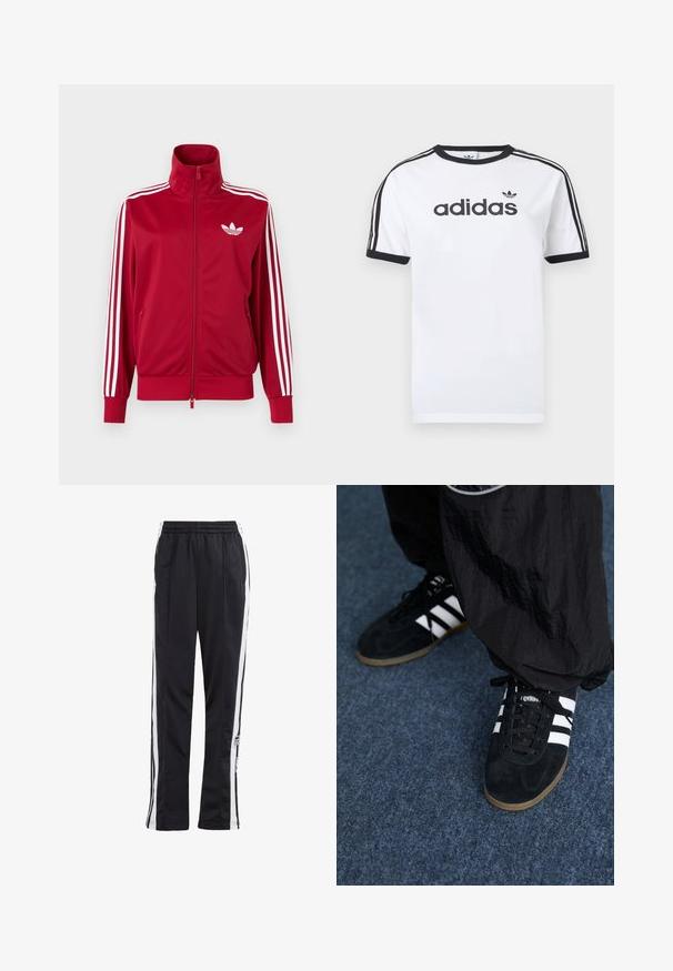 Punane jope valgete kolme triibuga varrukatel, täis ees lukk, kõrge krae ja valge Adidas trefoili logo rinnal.; Valge puuvillane T-särk mustade detailidega, millel on ümara kaelusega, lühikesed varrukad, kolm musta triipu õlgadel ja must "adidas" logo.; Mustad mustreid püksid valgete külgede triipudega, elastse vöökohtaga ja logo plaastriga. Valmistatud siledast, kergekaalusest kangast. Sirge sääre disain.; Mustad nahast spordijalatsid kolme valge triibuga ja mustade kingapaeltega. Kingade kõrval on osaliselt nähtavad tekstureeritud mustad püksid.