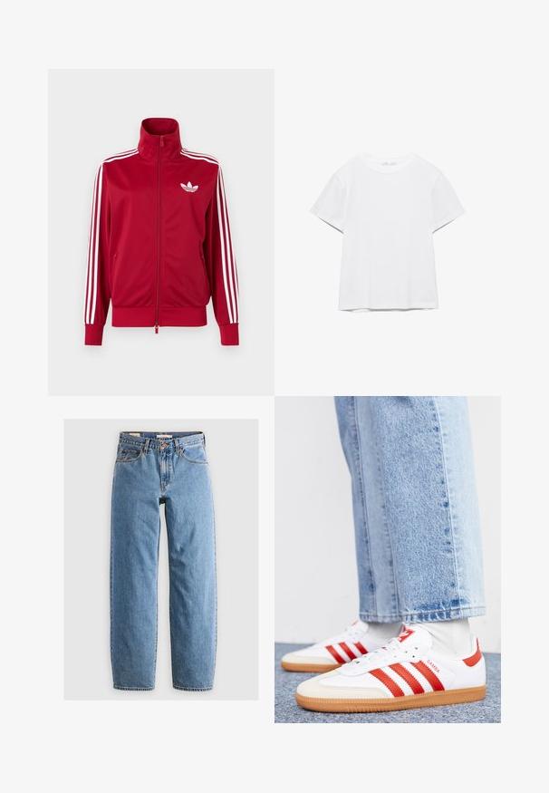 Červená tréningová bunda s bielymi tromi pruhmi na rukávoch, celoprepínací zips vpredu, vysoký golier a biele logo Adidas trefoil na hrudi.; Jednoduché biele tričko s krátkym rukávom a okrúhlym výstrihom, s rovnými lemami, zobrazené na bielom pozadí.; Svetlomodré džíny z denimu s rovnými nohavicami, piatimi vreckami, zipsovým zapínaním a jemne vyblednutou textúrou. Klasický štýl s minimálnym kovovým doplnkom.; Biele kožené tenisky s červenými pruhmi a akcentmi. Majú štruktúrovanú gumovú podrážku a polstrovaný golier. Nosené s svetlomodrými džínsami.