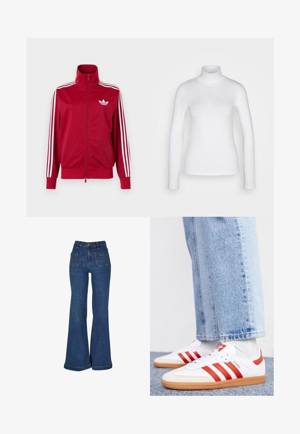 Rød træningstrøje med hvide tre-stribe detaljer på ærmerne, fuld lynlås foran, høj krave og hvidt Adidas trefoil-logo på brystet.; Hvid langærmet mærket skjorte lavet af et glat, strækbart stof. Har en tætsiddende pasform og en høj krave. Ingen synlige mønstre eller detaljer.; Blå cowboybukser med høj talje og vide, udvidede ben, forlommer med lapper, bæltestropper og knaplukning.; Hvide lædersneakers med røde striber og accenter. Har en tekstureret gummisål og polstret krave. Bæres med lyseblå denim.